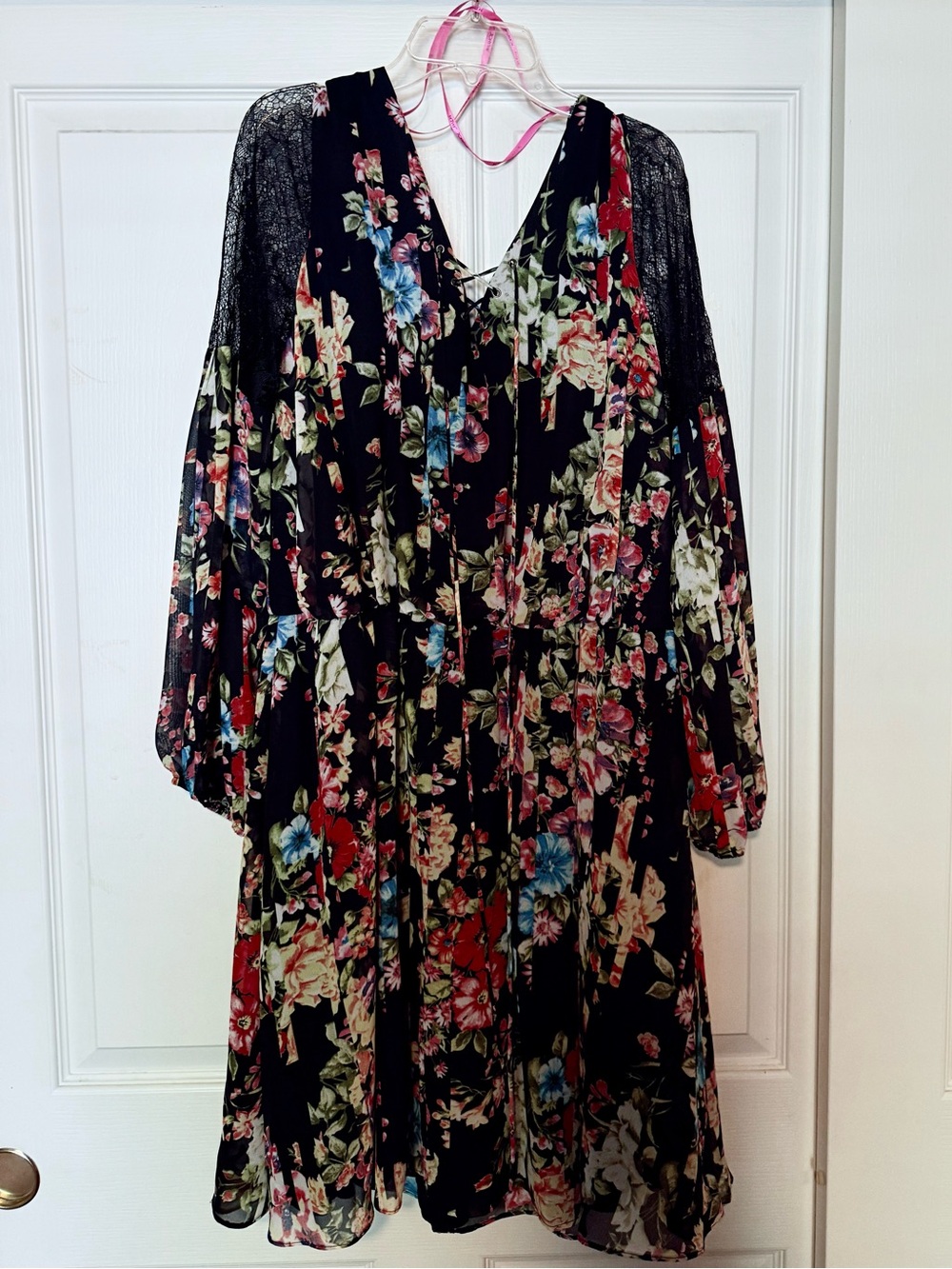 Betsey Johnson Black Floral Long Sleeve V-Neck Dress